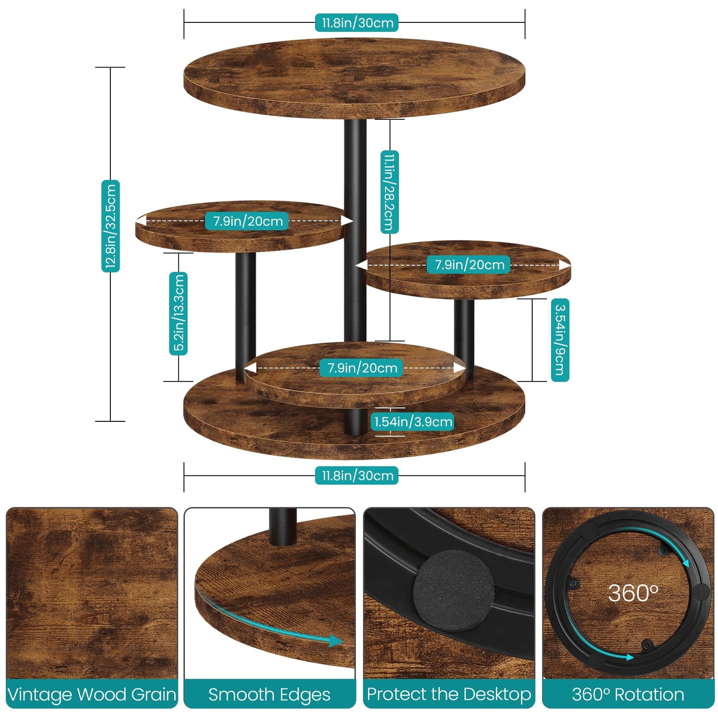 ELITEROO 4 Tier Round Cupcake Tower Stand for 50 Cupcakes, 360° Rotating Wood Cake Stand with Tiered Trays, Farmhouse Cookie Stand for Dessert Table Display for Wedding Birthday Baby Shower Tea Party