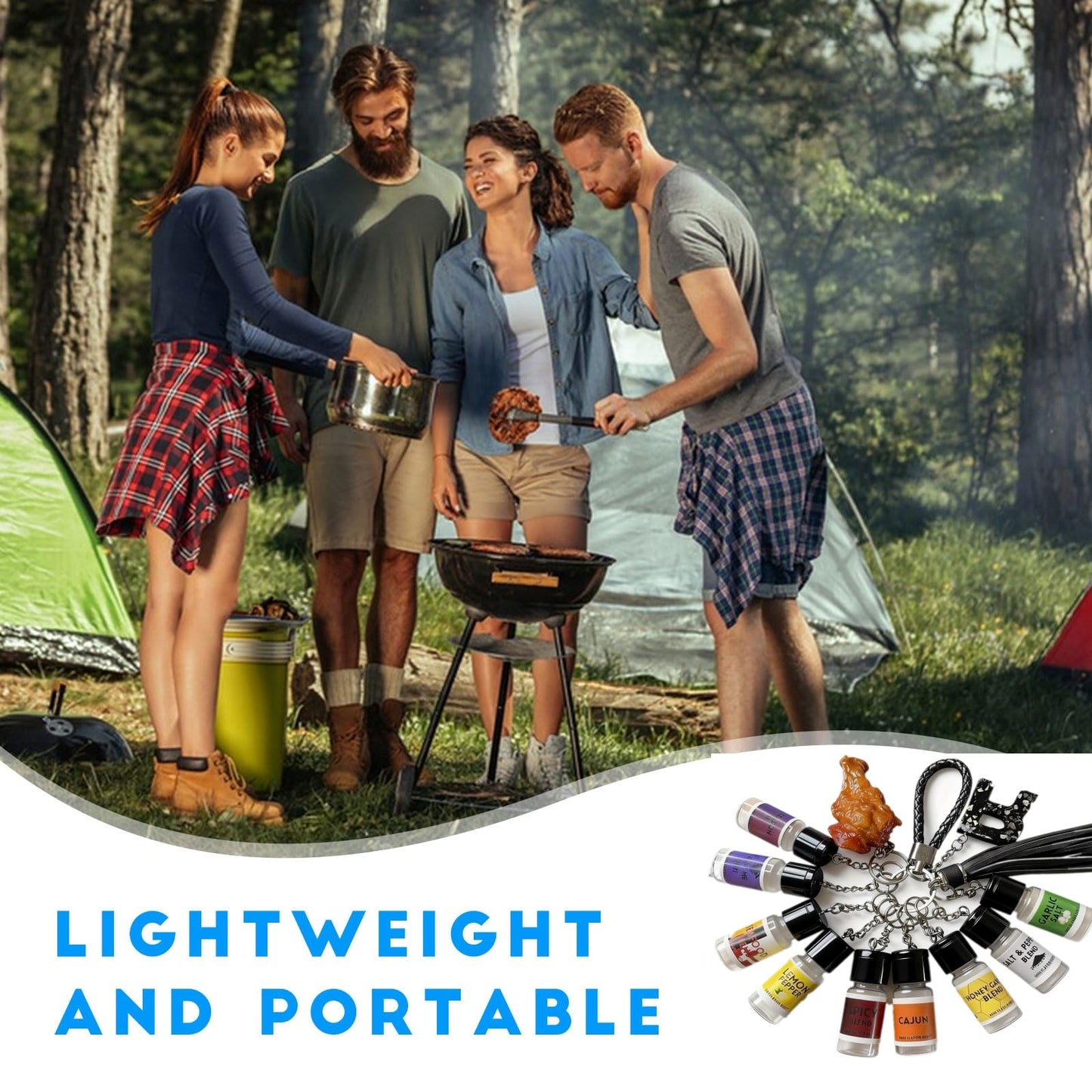 Mini Seasoning Keychain Set with 9 Portable Spice Bottles - Leak Proof Realistic Travel Containers for BBQ, Camping, Picnic, Cooking Outdoors