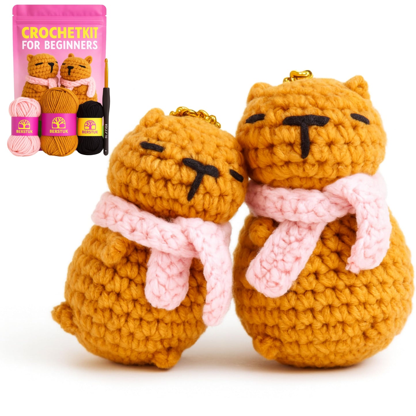 Berstuk Peachy & Plum – Snuggly Capybara Crochet Kit for Beginners – Easy Amigurumi Animal Kit with Yarn, Hook, Keychains & Step-by-Step Tutorials – Adorable DIY Gift for Teens & Adults