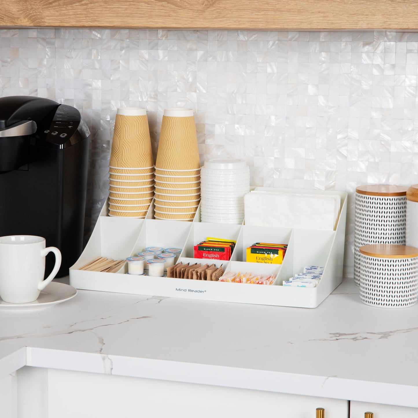 Mind Reader Cup and Condiment Station, Countertop Organizer, Coffee Bar, Kitchen, Stirrers, 17.875"L x 9.5"W x 6.625"H, Black