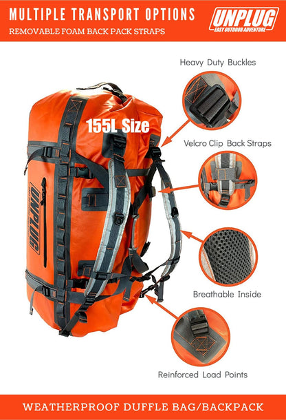 UNPLUG Ultimate Adventure | 1680D Heavy Duty Waterproof Bag | Large Travel Bag which can be Used for Camping, Motorcycling, Boating, or Hunting|155L Adventure Orange