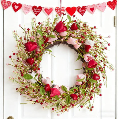 WDS WONDROUS 18.8 Inch Valentine's Day Wreath, Red Pink White Tulip Heart Wreath for Front Door Decor, Spring Wedding Anniversary Party Decoration