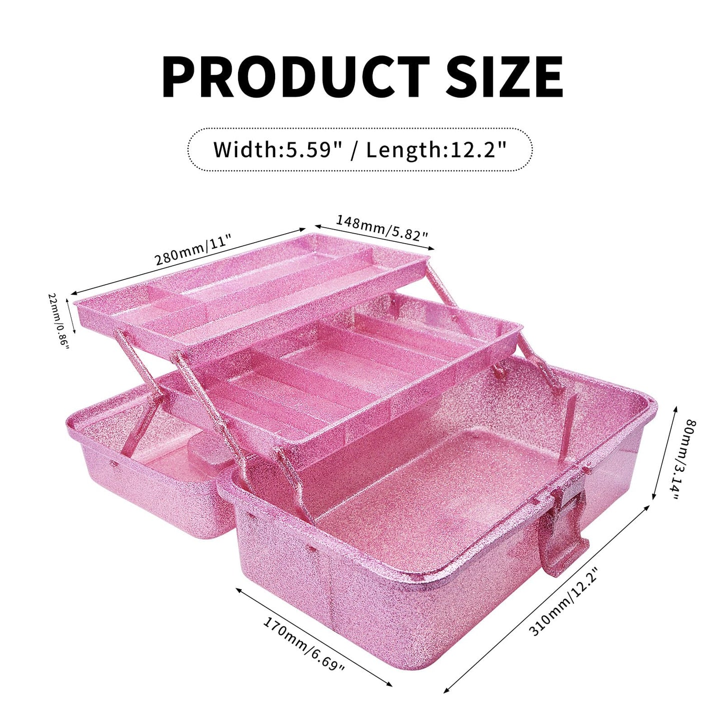 Mairuker 12.2inch 3-Layer Art & Craft Tool Storage Box, Beautiful Sewing Supplies Organizer, Plastic Portable Fishing Tackle Boxes, for Art Supply, Makeup, Hair Accessories, Painting Tools (Pink)