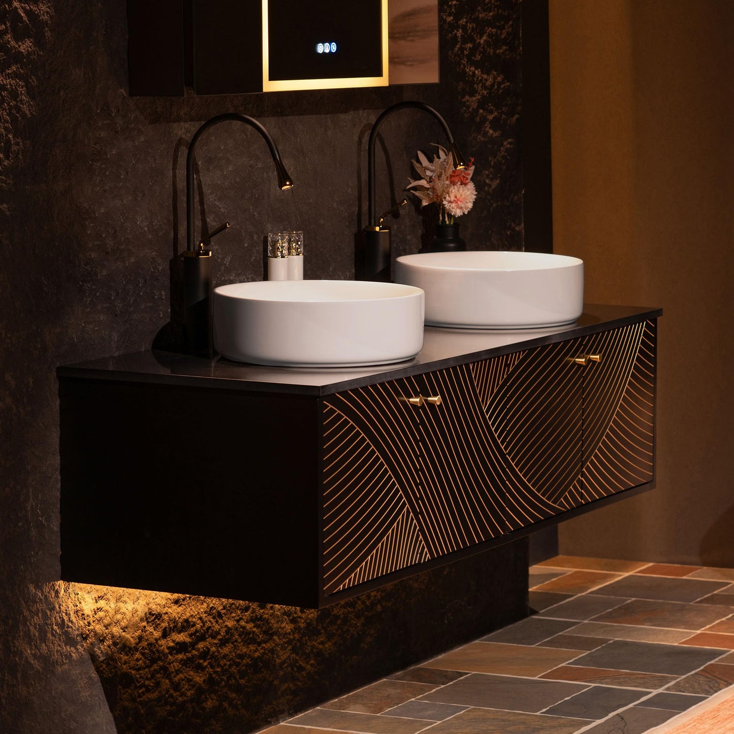 Woodbridge 60"X22" Wall Mounted Vanity with Double Ceramic Round Vessel Sinks,Black Engineered Stone Vanity Top,Floating Design with Hand-Painted Black & Gold Accents,Space-Saving for Modern Living