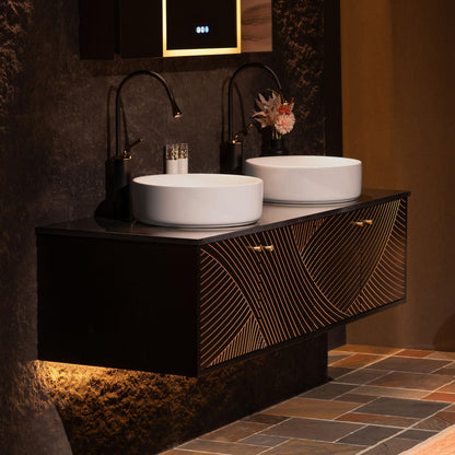 Woodbridge 60"X22" Wall Mounted Vanity with Double Ceramic Round Vessel Sinks,Black Engineered Stone Vanity Top,Floating Design with Hand-Painted Black & Gold Accents,Space-Saving for Modern Living