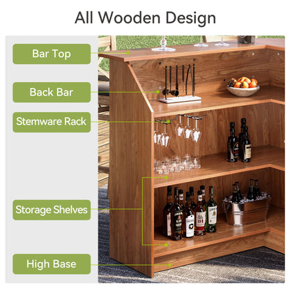 LITTLE TREE Bar Cabinet, 4-Tier Home Mini Bar Cabinet with Stemware Rack, Freestanding Wooden Storage Cabinets, Modern L-Shaped Liquor Table Cabinets for Living Room, Dining Room, Orange Brown