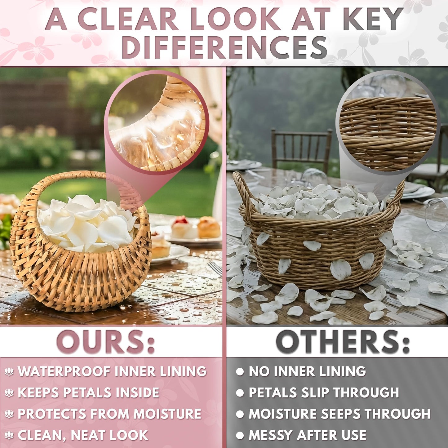 Small Flower Girl Basket Set of 2 - Small Wicker Basket with Handle and Waterproof Lining, 6.3 x 5.12 x 3.75 Inch - Rattan Design for Wedding Flower Petals, Candy, Gift Use, Storage and Home Decor