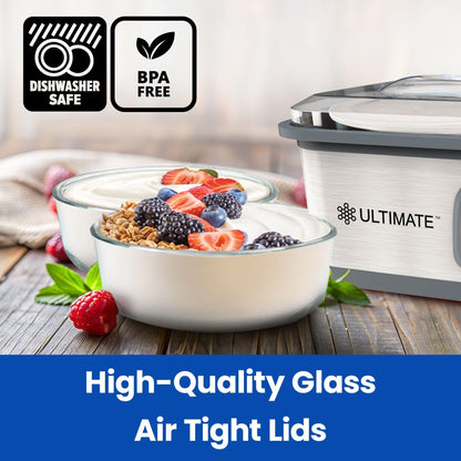 Ultimate Yogurt Containers 2 Pack, Make More Yogurt with 1-Quart Glass Containers (4 Cup), 100% BPA Free, Durable & Oven Safe Round Bowl Set with Lids, Perfect for Food Storage & Meal Prep