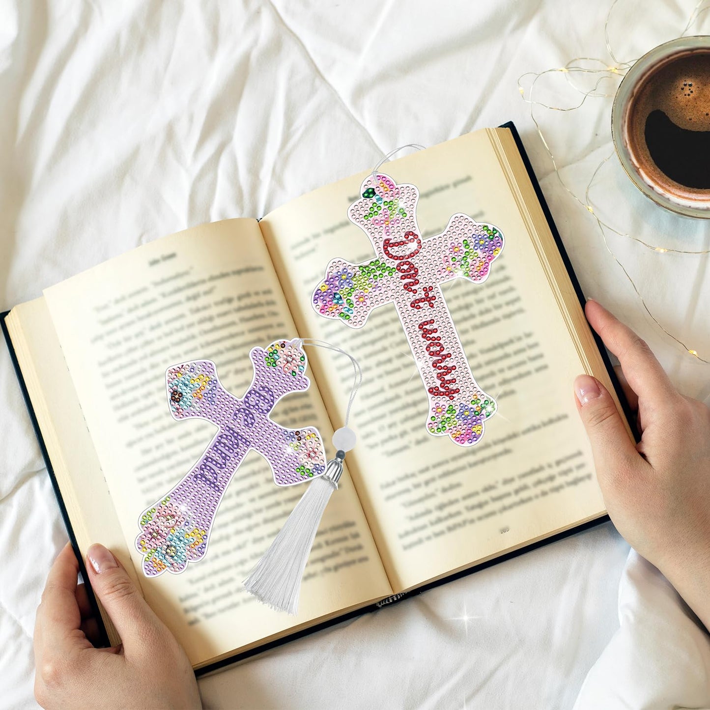 INCOK Cross Diamond Painting Bookmarks - 8PCS 5D Diamond Art Bookmark Kits with Tassel Bible Verse Rhinestone Page Marks Inspirational Christian Bookmarks for Reading Lover Book Decor DIY Crafts Gift