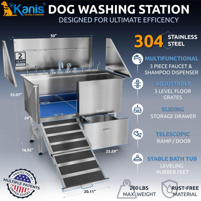 KANIS Professional Dog Washing Station 304 Stainless Steel Pet Wash Sink & Grooming Bathtub w/Shower, Floor Grates and Storage for Large, Medium & Small Pets (Silver, 50 Inches, Left Ramp, 1 Drawer)