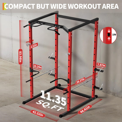 Garvee Power Cage, Squat Rack for Home Gym, 1100LB Capacity Power Rack with Pull-Up Bar, Adjustable Safety Bars, Strength Training for Home Gym, Red