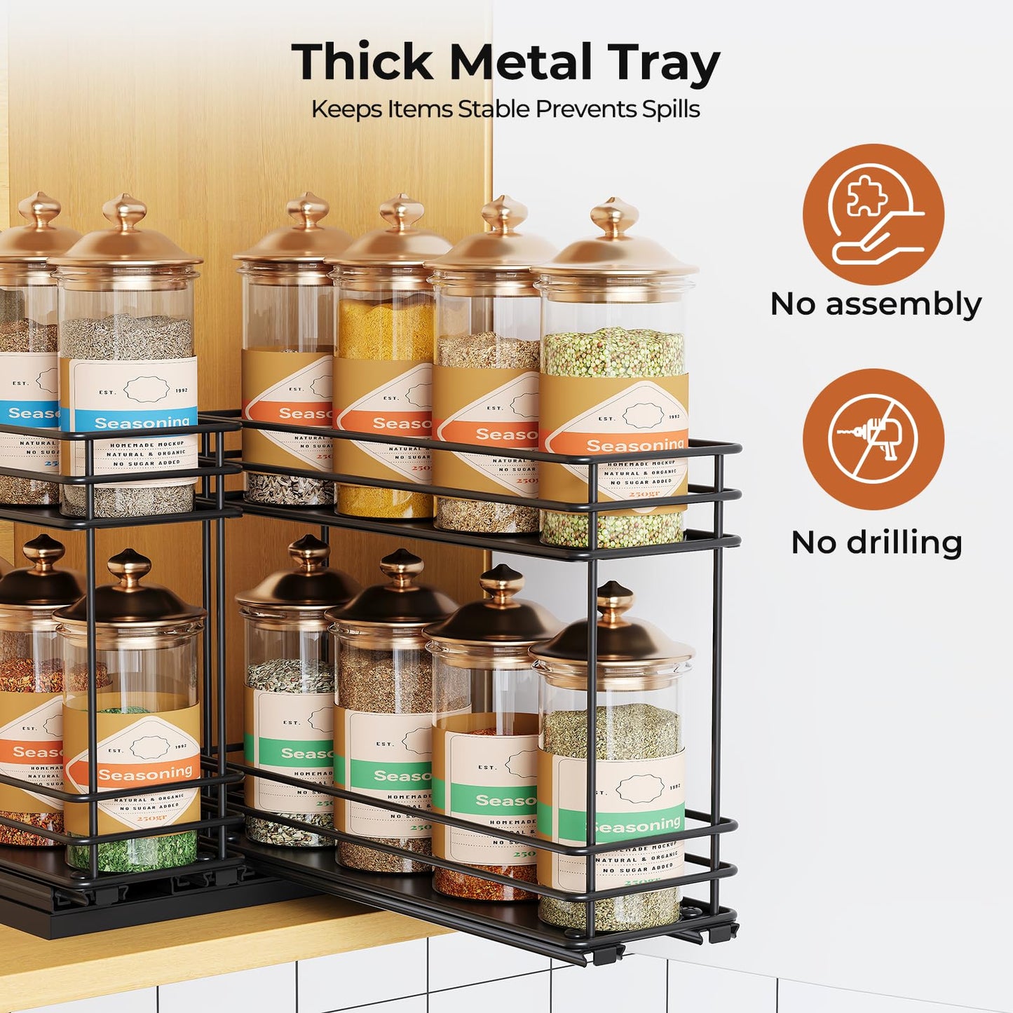 Pull Out Spice Rack Organizer for Cabinet, Slide Out Spice Racks, Easy to Install, 2.1''Wx10.35''Dx8.26''H, 3 Drawers 2 Tiers(Black)