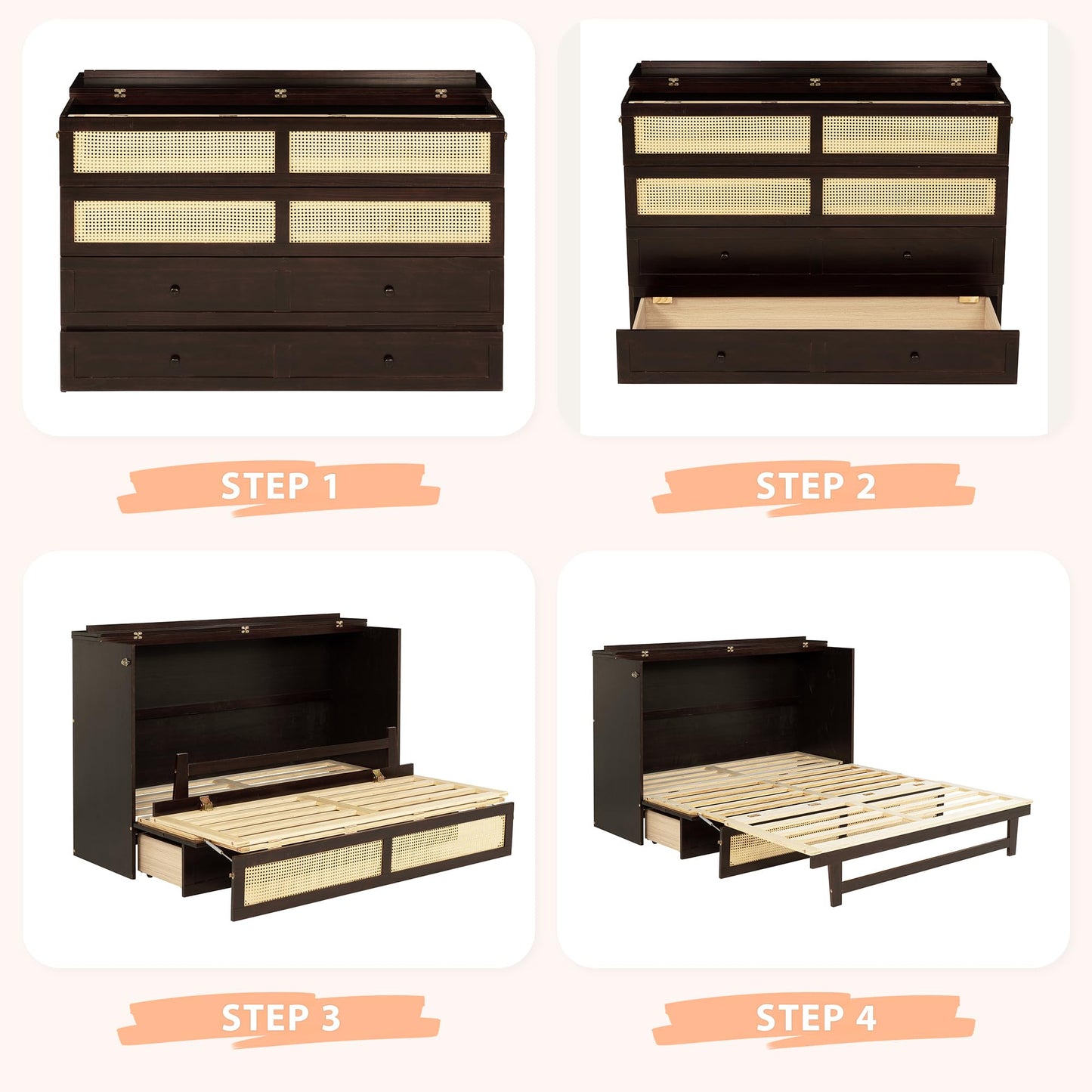 DNYN Queen Size Murphy Bed Frame with Storage Drawer for Bedroom/Guest/Study Room, Space-Saving Foldable Bed with Rattan Decoration, No Box Spring Needed & Easy Assemble