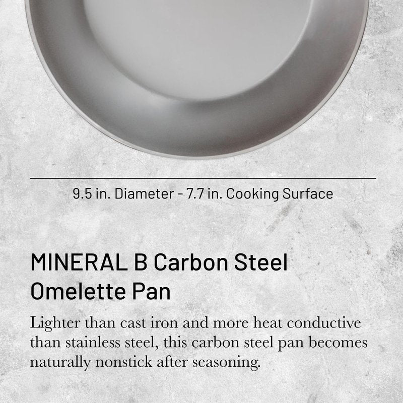 de Buyer MINERAL B Carbon Steel Omelette Pan - 9.5” Diameter, 7.7” Cooking Surface - Naturally Non-Stick Finish - Made in France