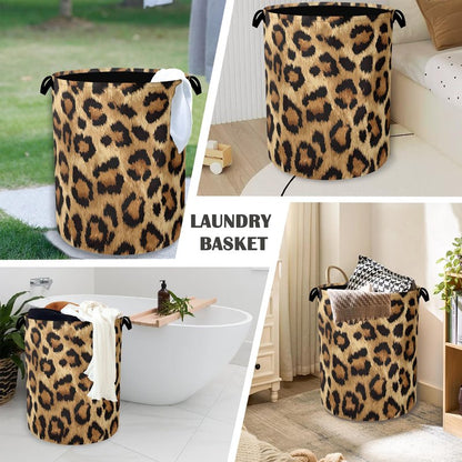 Brown Leopard Laundry Basket,Foldable with Handles Tote Bag Oxford Cloth for Bathroom Bedroom Dirty Clothes Storage Bucket 16" x 20.8"