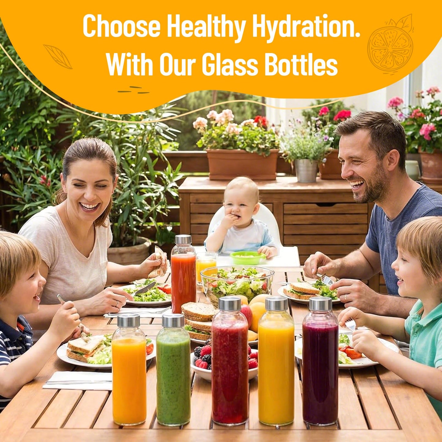 Luxfuel Clear Glass Bottles with Lids 18 oz, Reusable Glass Water Bottles with Stainless Steel Cap for Refrigerator, Juicing, 100% Leak Proof, BPA Free, Juice Bottle Drinking Jar Containers Set of 6