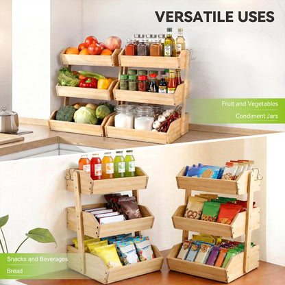 Fyvva Bamboo Fruit Basket, 3-Tier Fruit Basket for Kitchen Counter, Large Fruit Bowl with 2 Banana Hangers for Storing Fruit, Vegetables, and Organising Snacks, Bread (Natural)