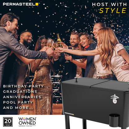 Permasteel Party Cooler with Divider, Spacious 80-Qt Capacity, Chills 36hrs, Serving Tray, Rolling Ice Chest for Indoor and Outdoor Entertainment, Black