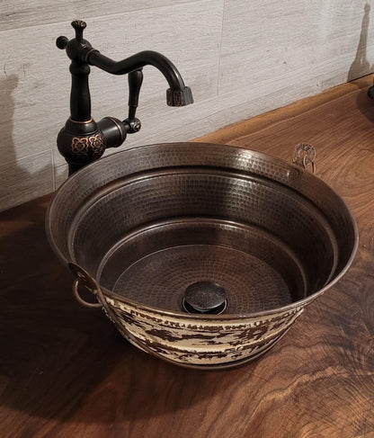 Simply Copper 15" Round Cottage Chic Copper Vessel BUCKET Bathroom Sink with Distressed Antique White Exterior