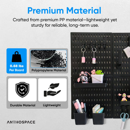 ANTHOSPACE Black Pegboard Organizer Set with Hooks & Storage Boxes, Desk or Wall Peg Board Panels for Tools, Crafts, and Office Supplies – 4 Boards (30×30 cm Each)