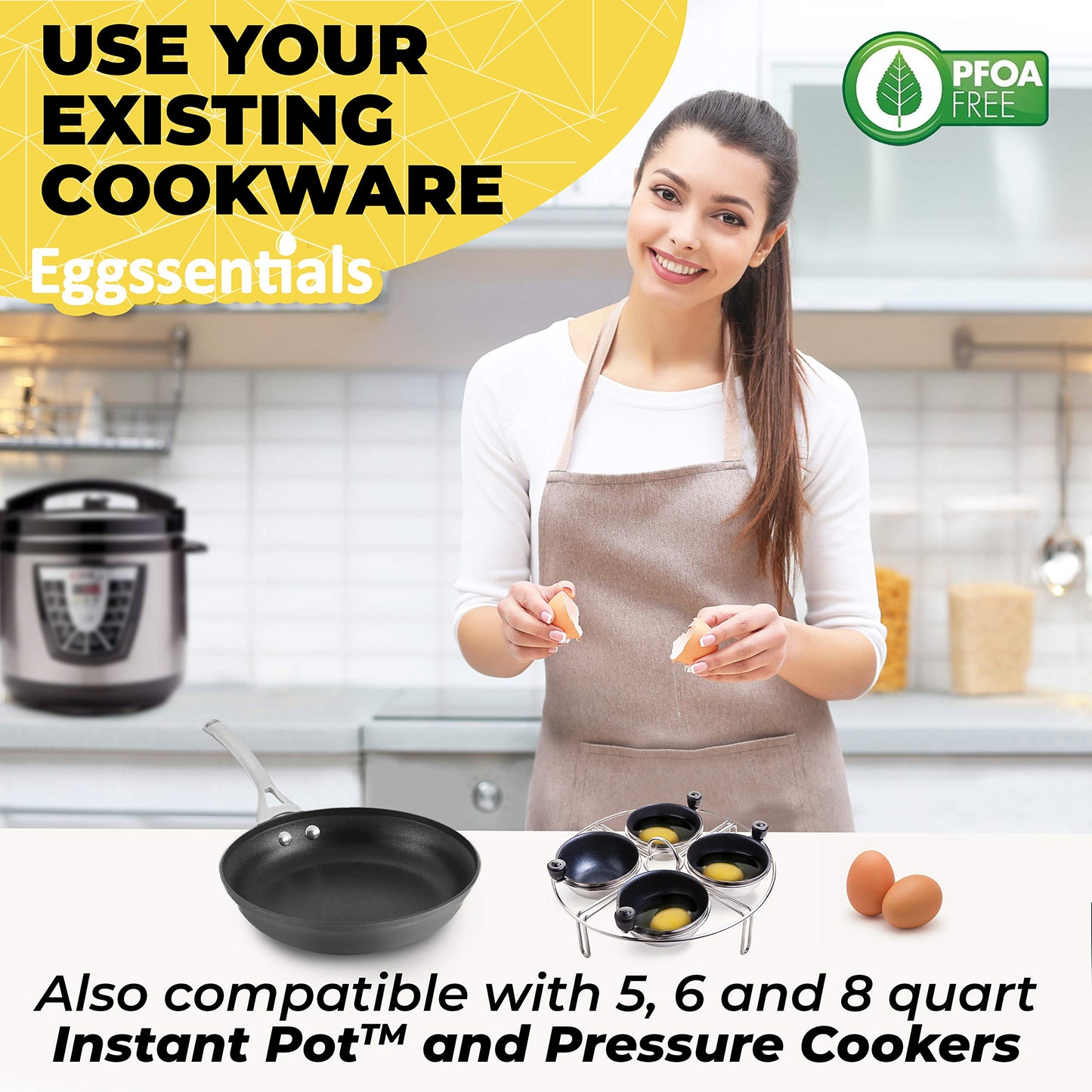 Eggssentials Egg Poacher Insert Stainless Steel Poached Egg Cooker Eggs Poaching Cup PFOA Free Egg Poachers Nonstick, 7.25" Rack Compatible with Current Cookware, Skillets & Instant Pots