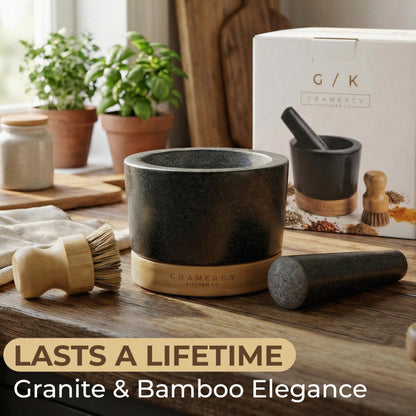 Gramercy Mortar and Pestle Set – Heavy Duty Granite Stone Grinder with Stable Bamboo Base, Extra Long Pestle & Cleaning Brush - Ideal Guacamole Bowl, Herb Grinder & Molcajete Bowl, 1.5-Cup
