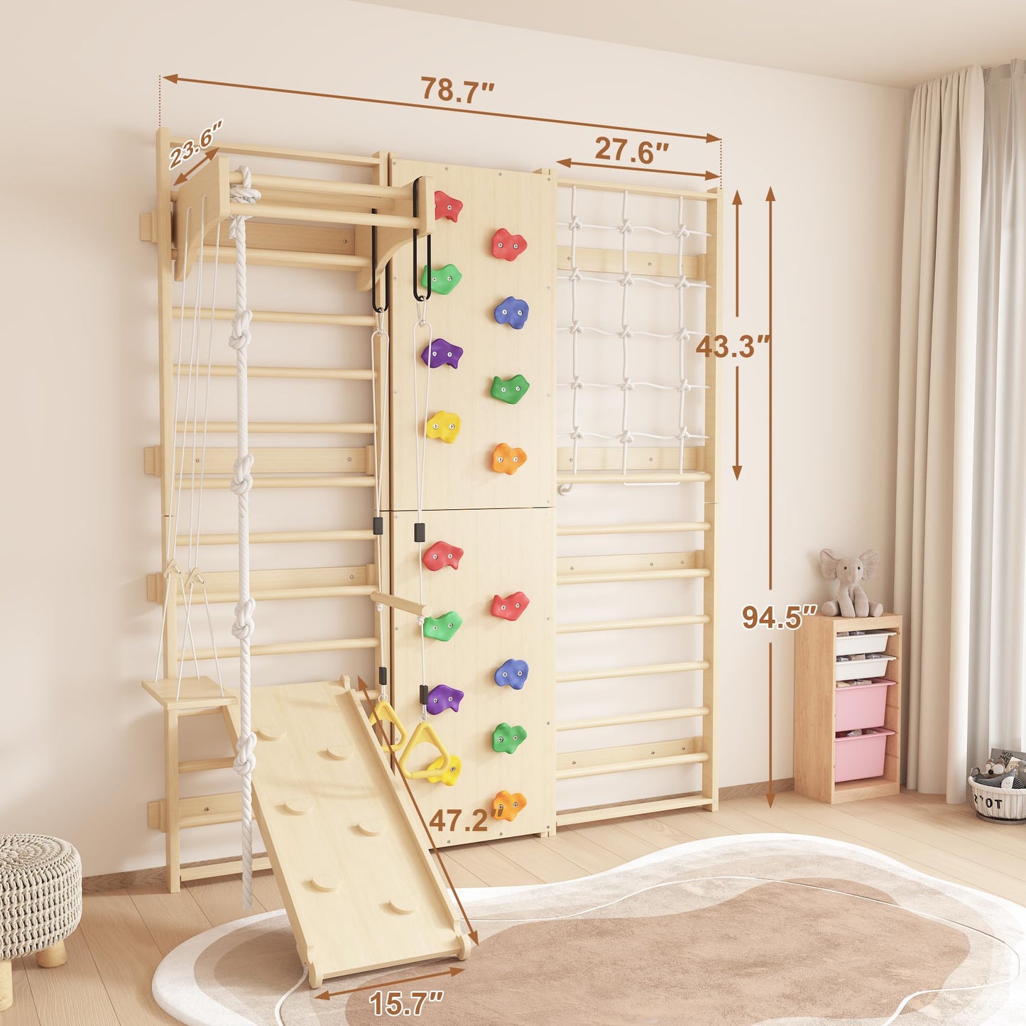 Cofiyard 9-in-1 Swedish Ladder Wall Gym & Climber, 94.5'' Wooden Wall-Mounted Climbing Set with Double-Sided Slide, Swing, Rope, Rings, Monkey Bars, Kids Indoor Playset, Wooden Climbing Jungle Gym