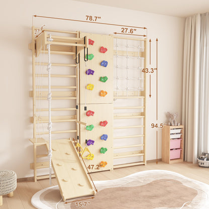 Cofiyard 9-in-1 Swedish Ladder Wall Gym & Climber, 94.5'' Wooden Wall-Mounted Climbing Set with Double-Sided Slide, Swing, Rope, Rings, Monkey Bars, Kids Indoor Playset, Wooden Climbing Jungle Gym