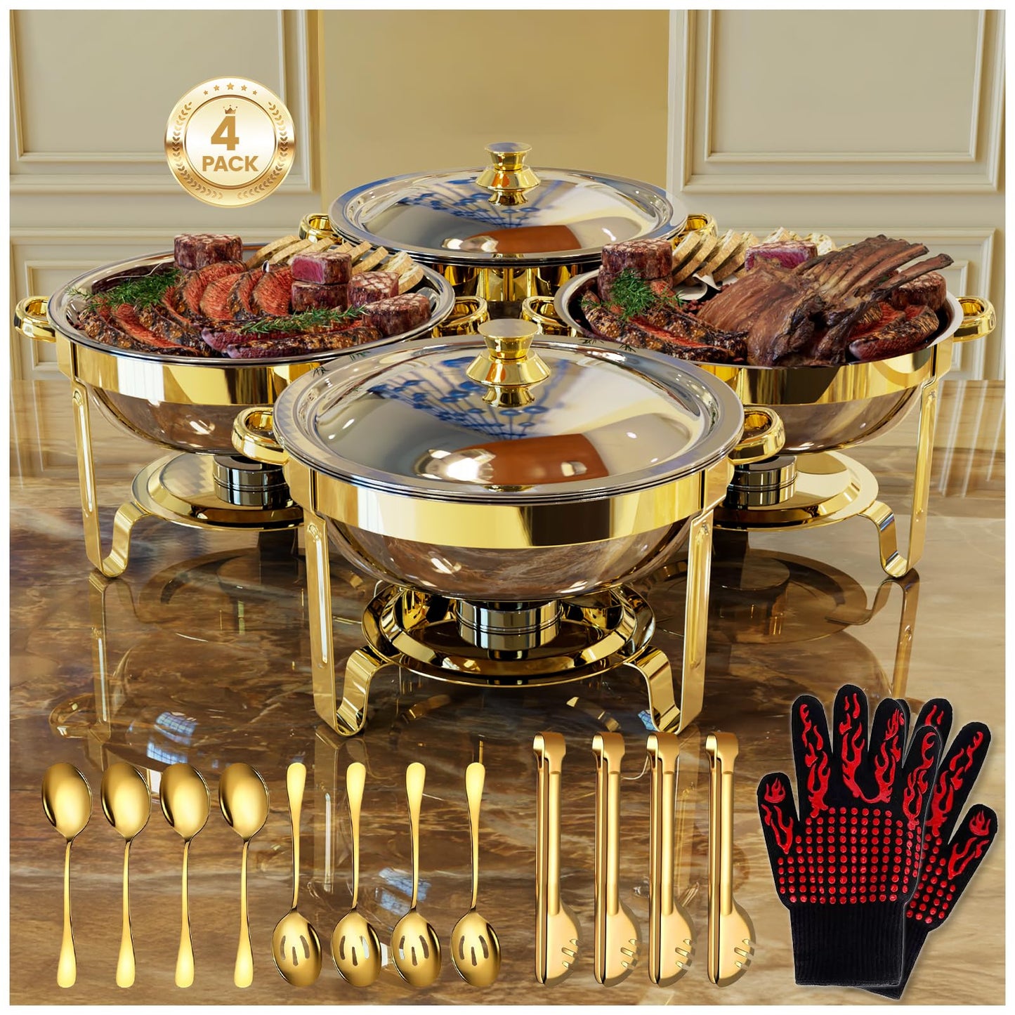 Round Chafing Dishes for Buffet 4 Pack, 6QT Chafers and Buffet Warmers Sets with 2 Heat-Proof Gloves, 4 Spoons, 4 Slotted Spoons & 4 Tongs, Gold Chafing Dishes for Buffet Parties Gatherings