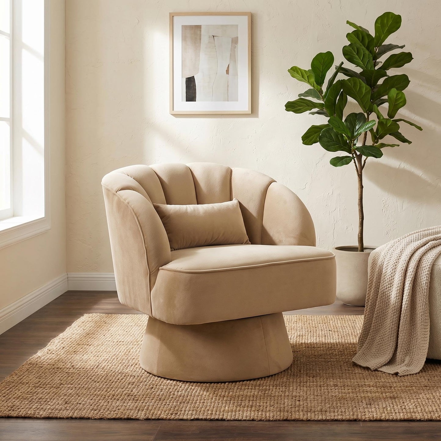 GarveeHome Modern 360° Swivel Velvet Barrel Accent Armchair – Striped Backrest & Plush Padding, Comfy Round Lounge Chair for Living Room, Bedroom, Reading Nook