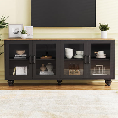 Ball & Cast Farmhouse TV Stand with Tempered Glass Doors for TVs up to 70",Sideboard Buffet w/5 Solid Wood Gourd-Shaped Legs & Adjustable Shelf,Entertainment Center for Living Room,Black+Natural
