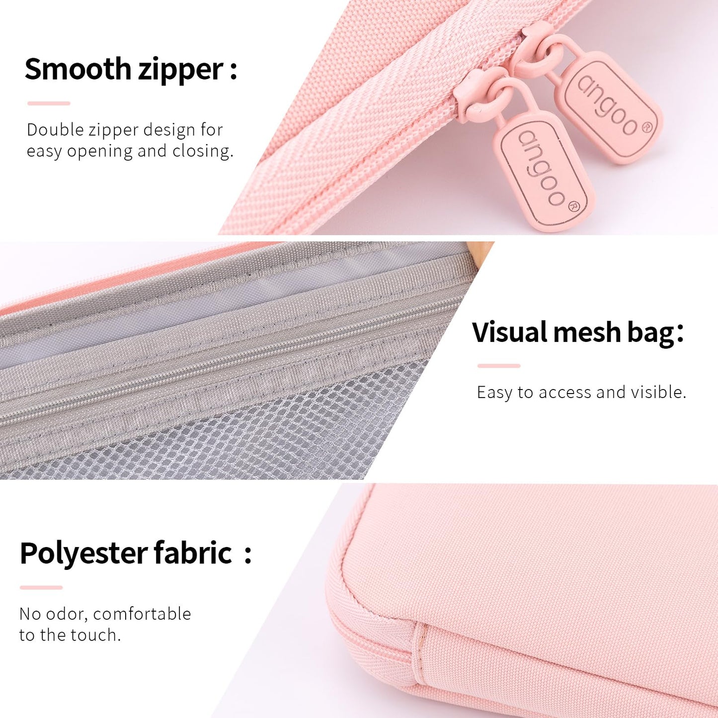 ANGOOBABY Pencil Case Wide Opening Durable Pen Pouch Lightweight Portable Pencil Bag with Handle for School Teen Girl Boy Men Women Adults Pink