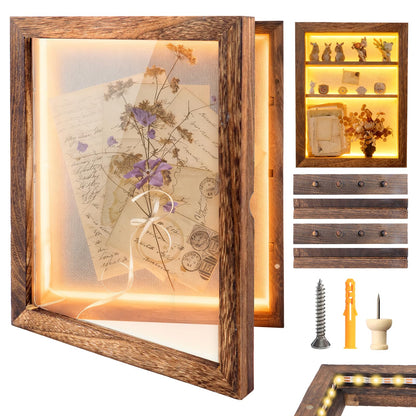 Shadow Box 14x11 Brown Picture Frames Display Cases with LED Light,Memory Keepsakes Boxes with 4 Removable Trinket Shelf,for Anniversary Wedding Baby Graduates Memorial Collect Deep Brown