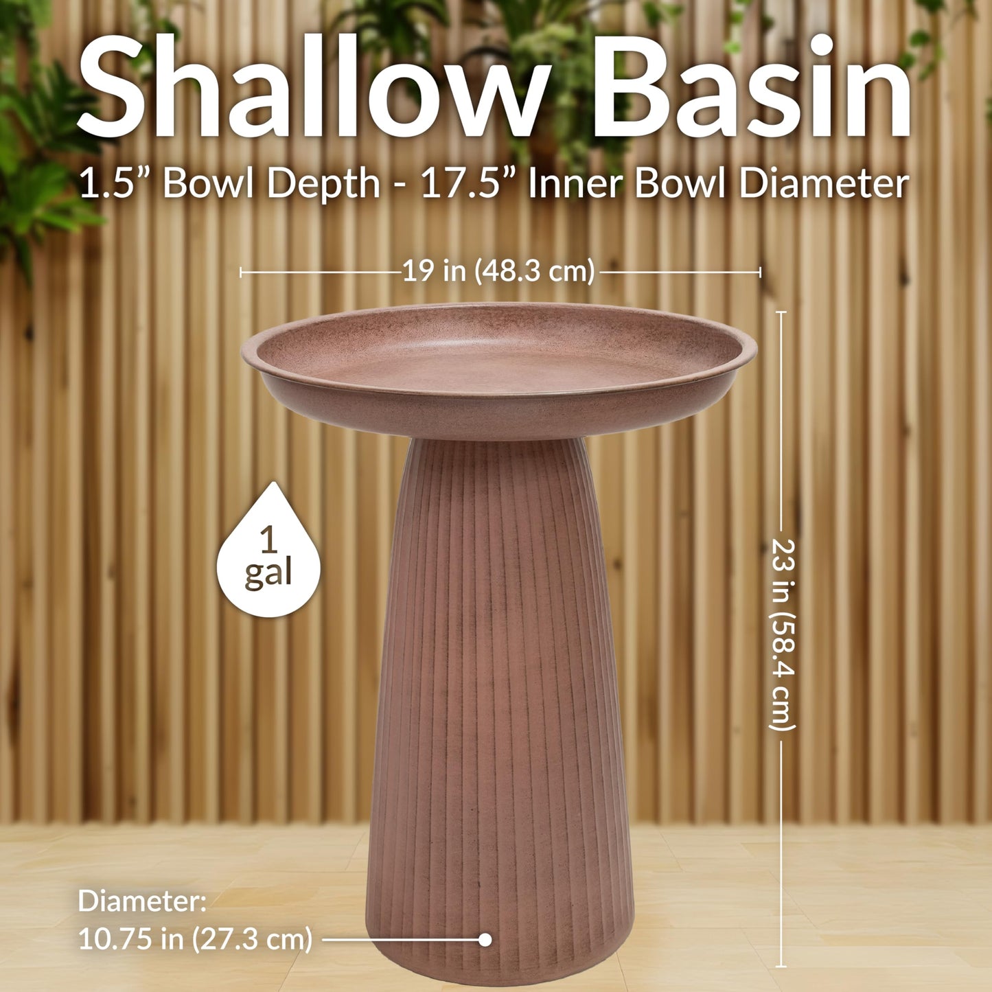 Sunnydaze Gleeful Garden 23" Iron Pedestal Bird Bath for Outside - Modern Shallow Basin Birdbath for Outdoors with UV-Protected Rust-Resistant Finish for Patio, Garden, Yard Decor - Matte Canyon Clay