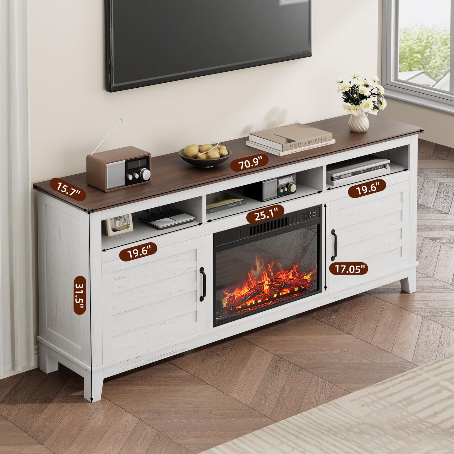 GarveeHome TV Stand with Electric Fireplace, Fireplace Entertainment Center, Farmhouse TV Stand with Cabinet Doors,for Living Room, Bedroom
