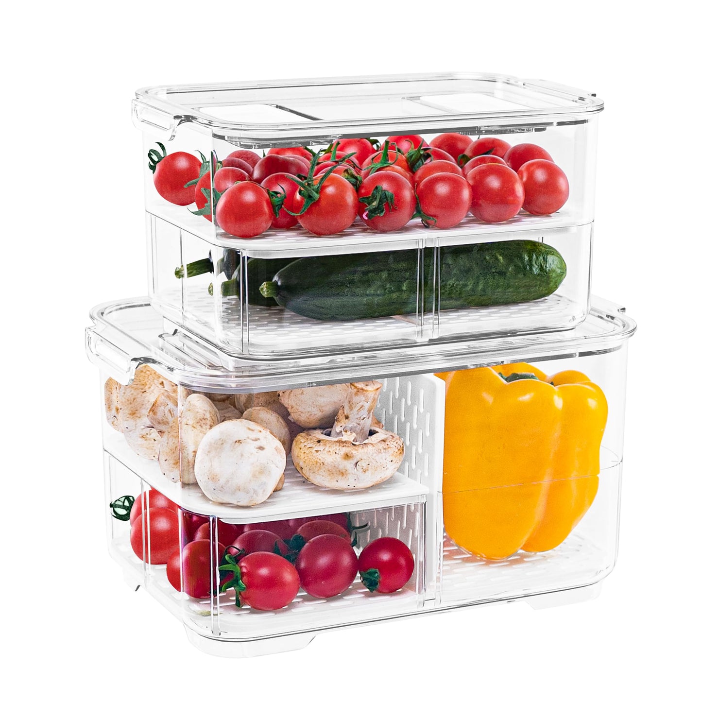 elabo Fruit Storage Containers Fridge Produce Saver- Stackable Refrigerator Organizer Keeper Drawers Bins with Lids and Removable Drain Tray for Veggie, Berry and Fruits, 1 Medium and 1 Large