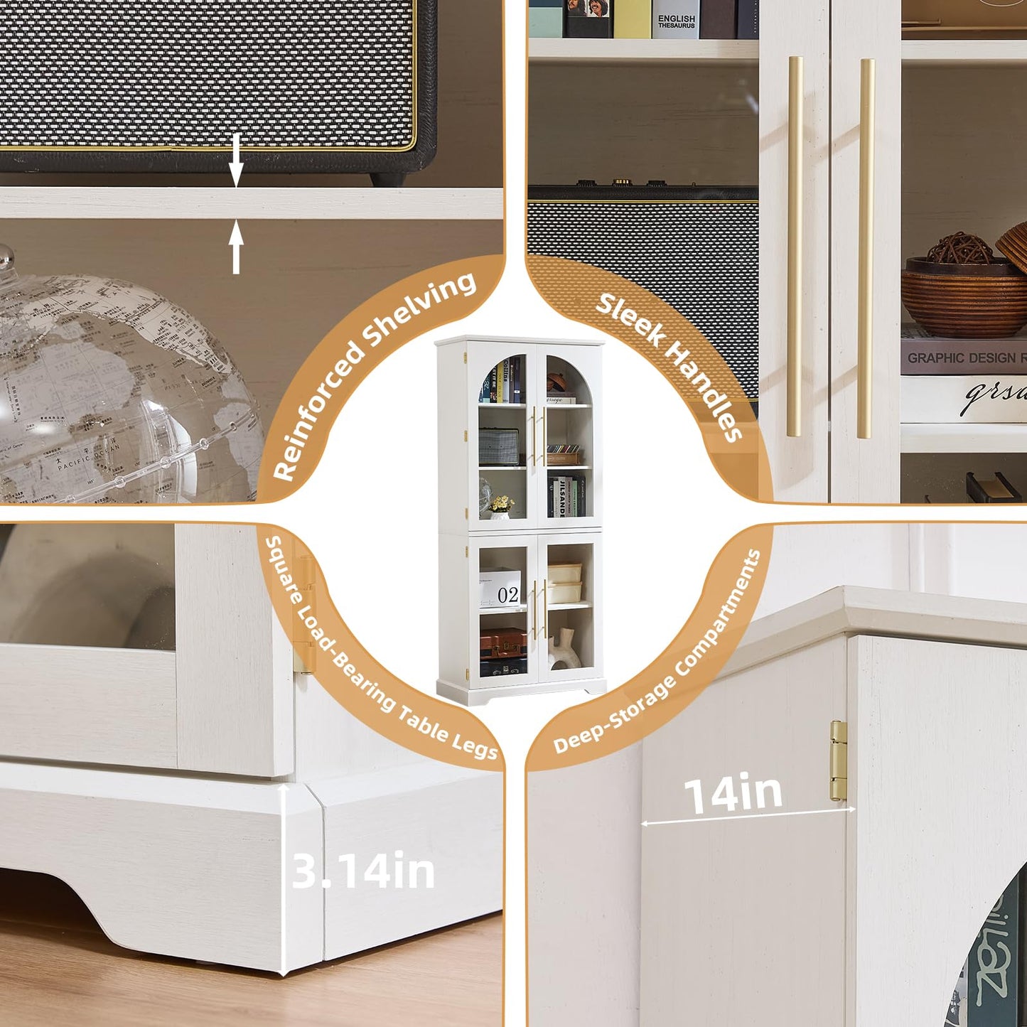 Joaxswe 72" Tall Bookshelf with 4 Curved Glass Doors, Farmhouse Bookcase with 3-Tier Adjustable Shelves, Modern Living Room Display Cabinet, Large Storage Cabinet for Home Office,Dining Room, White