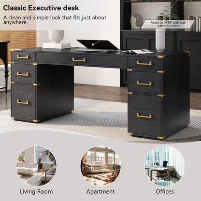 Merax 70" Traditional Executive Desk with Metal Edge Trim, Classic Writing Desk with 2 File Drawers, USB Ports and Outlets, Extra-Large Desk with Hidden Compartment for Home Office, Study Room