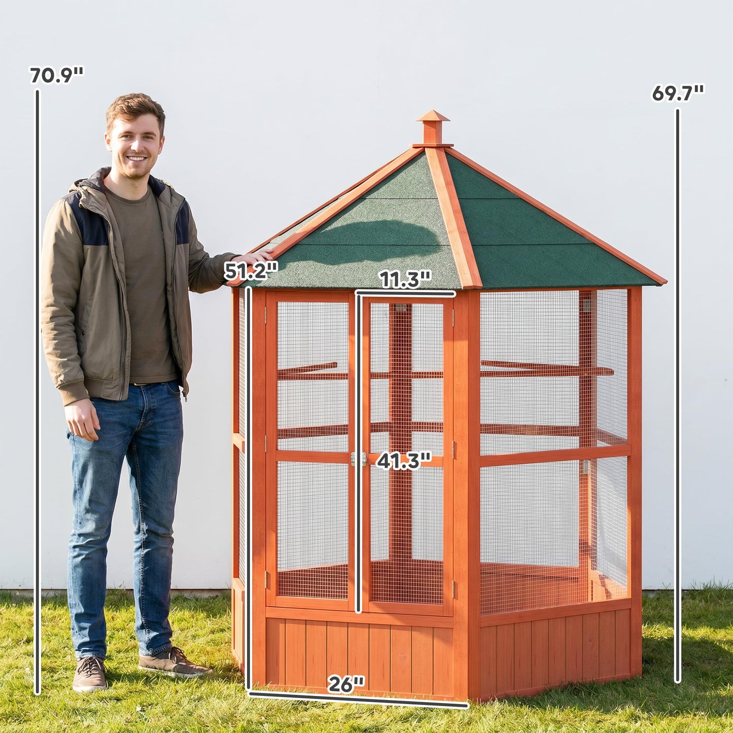 PawHut 69" Large Wooden Hexagonal Outdoor Aviary Flight Bird Cage with Covered Roof, Brown