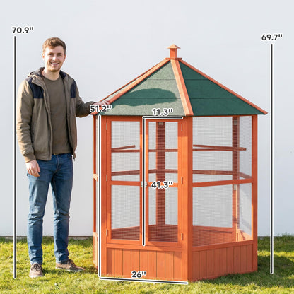 PawHut 69" Large Wooden Hexagonal Outdoor Aviary Flight Bird Cage with Covered Roof, Brown