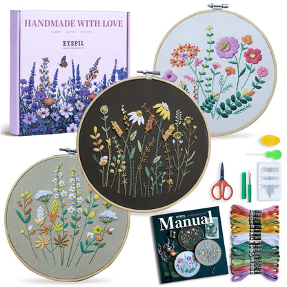 ETSPIL Beginner Embroidery Kit for Adults, 4K HD Video Tutorials, Pre-Printed Botanical Floral Designs, Essential Stitches & Bound Guide, Relaxing Screen-Free Activity for Women at Home
