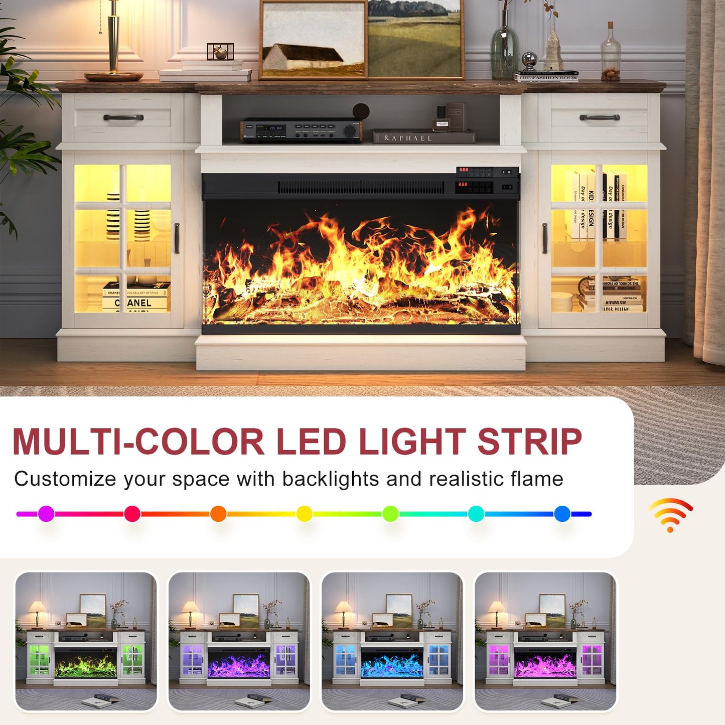 OneBlis 70" TV Stand with 36" Electric Fireplace, Entertainment Center Console Table for TV up to 80'', Fireplace TV Stand with Open Storage Shelves and Glass Door for Living Room, White
