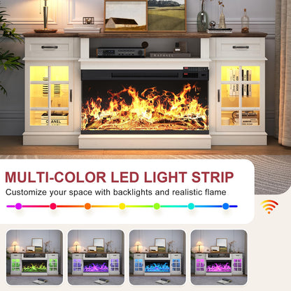 OneBlis 70" TV Stand with 36" Electric Fireplace, Entertainment Center Console Table for TV up to 80'', Fireplace TV Stand with Open Storage Shelves and Glass Door for Living Room, White