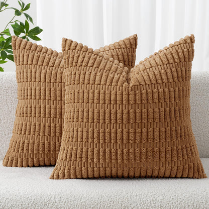 MIULEE Corduroy Throw Pillow Covers - Soft Boho Striped Design | 20x20 Inch, Brown, Perfect for Modern Farmhouse Decor