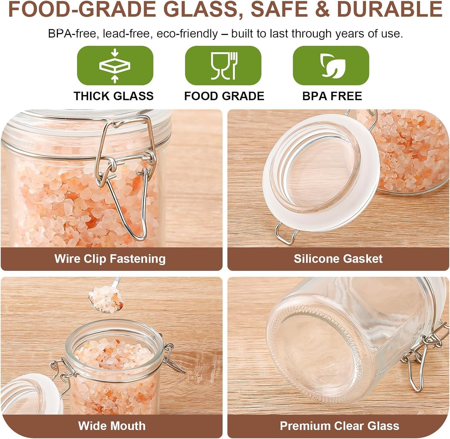 8 oz, Small Glass Jars with Lids Airtight Clamp Lid Glass Storage Jars, Thick Lead-Free Glass Containers for Pantry