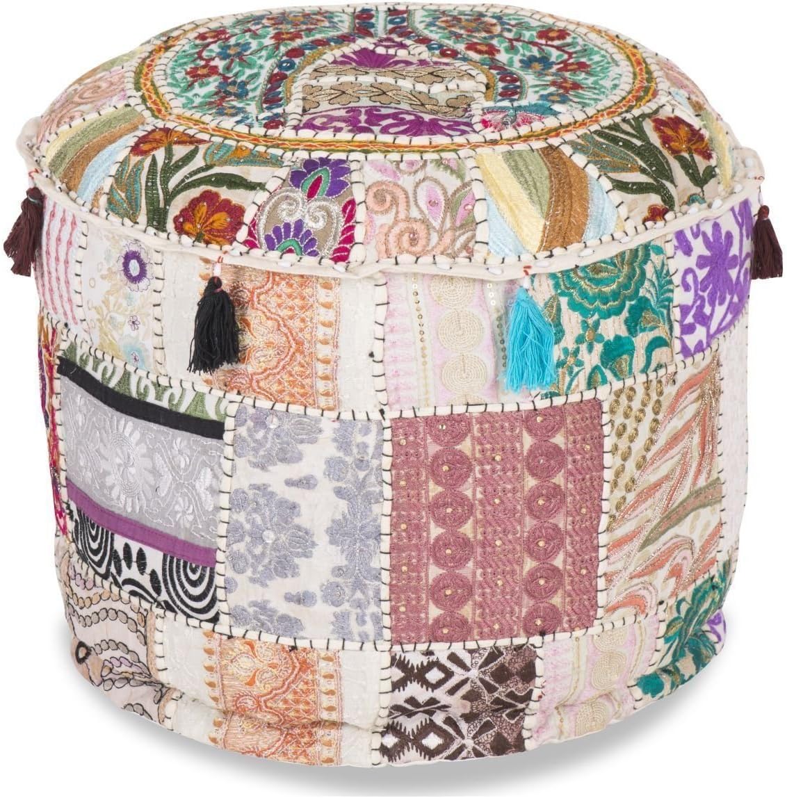 18x13) Aakriti Gallery Indian Pouf Footstool Ethnic Embroidered Pouf Cover, Indian Cotton Round Pouffe Ottoman Pouf