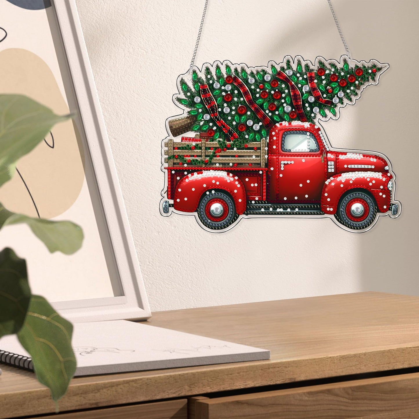 VODAPYC Christmas Diamond Art Hanging Kit for Adults, DIY Double Sided Special Shaped Diamonds Art Window Pendant Ornament for Home Decor(Red Truck)