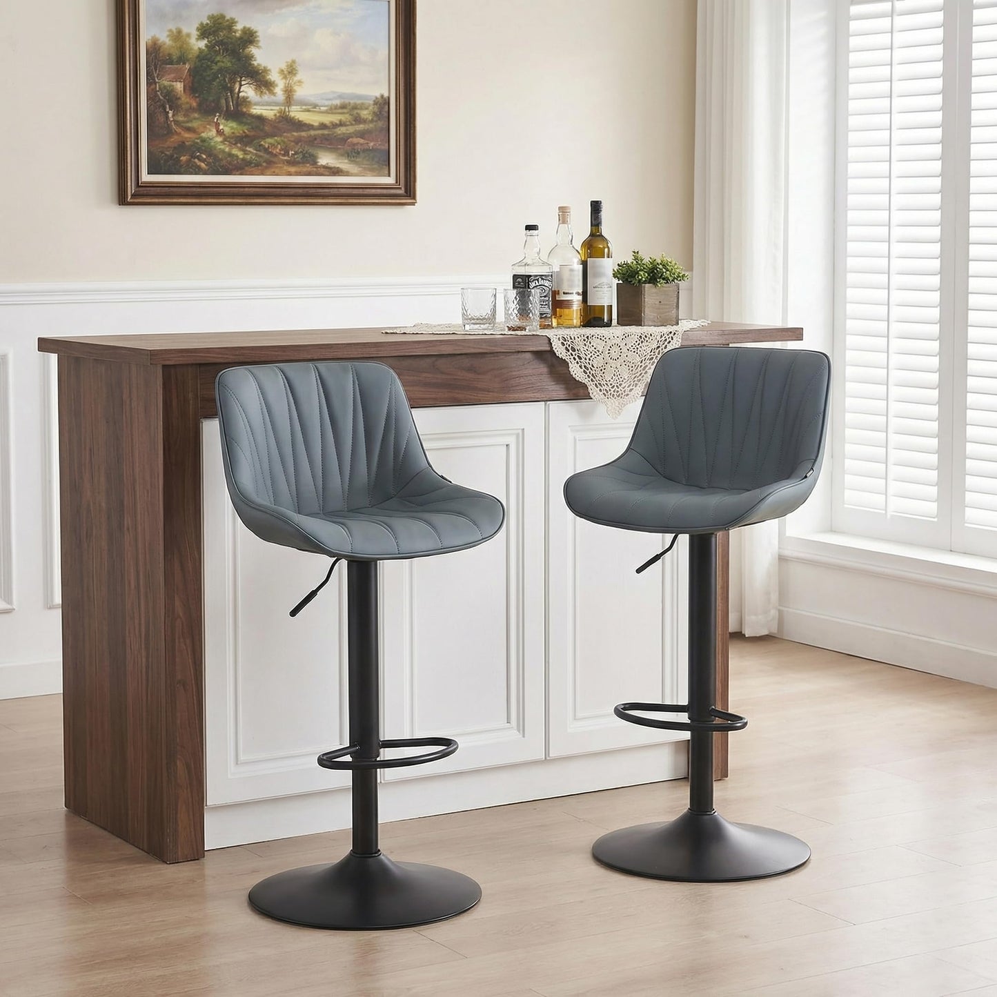 YOUNIKE Grayish Green Bar Stools Set of 2, Faux Leather Padded Counter Height Swivel Bar Chairs, Adjustable Barstools with Back for Kitchen Island, Modern Tall Sunburst-Line Series