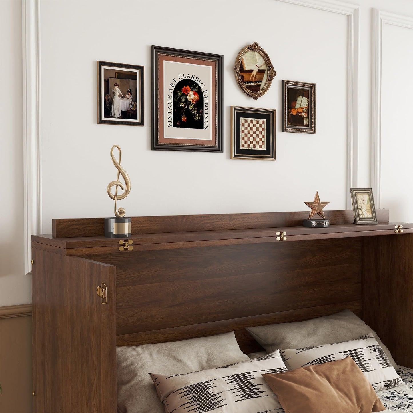 KEIKI Queen Size Murphy Bed Cabinet with Power Station & Large Drawer, Pine Wood Folding Chest Bed with Rattan Panel, Space-Saving Wall Bed, Walnut