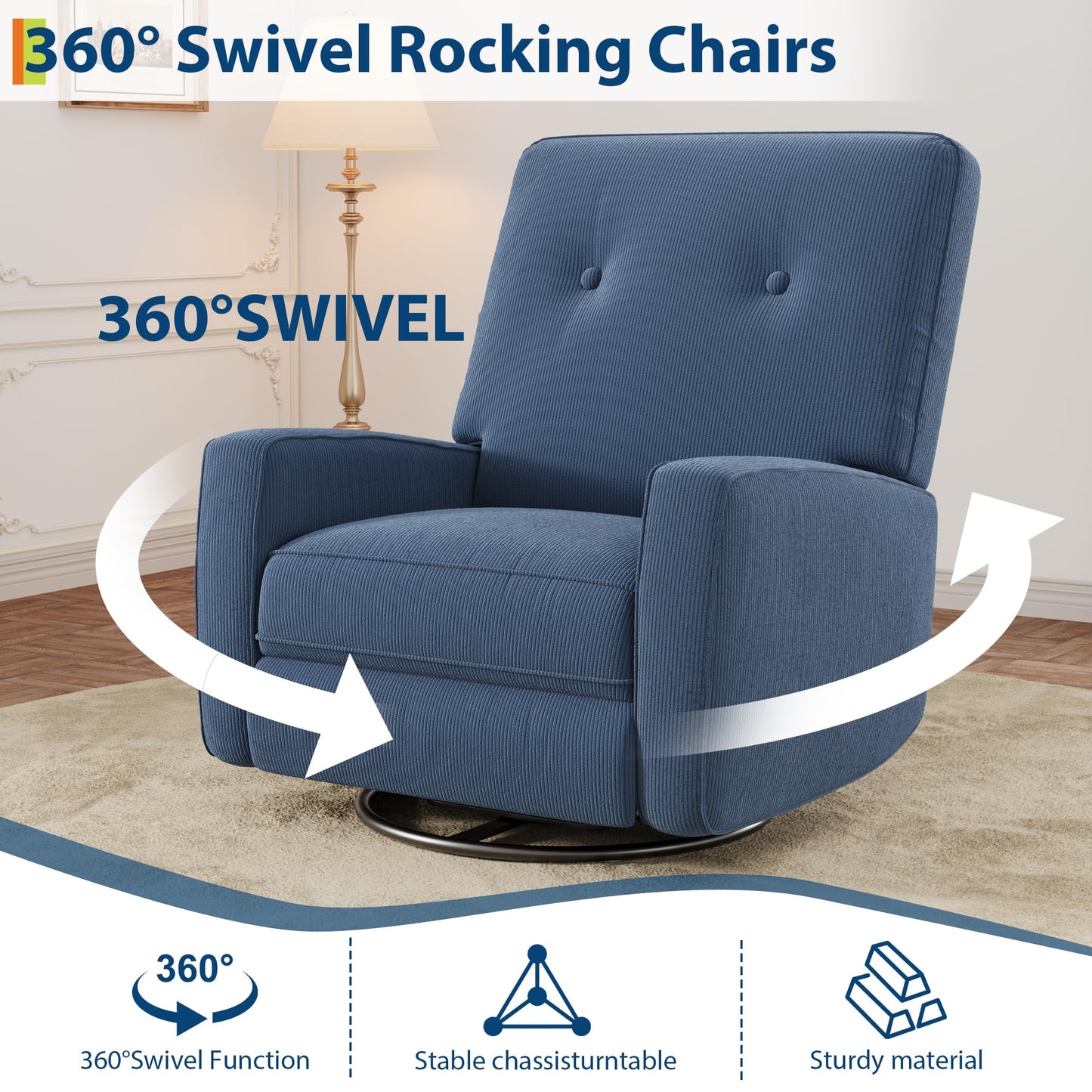 GarveeHome Recliner Chairs, Swivel Rocker Recliner, Glider Recliner Nursery Chair for Adults, 360° Swivel Glider Rocking Chair for Living Room, Bedroom, Office, RV, Small Spaces, Corduroy, Dark Blue